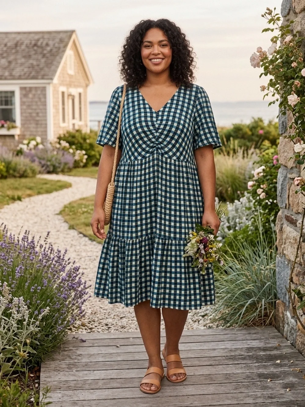 Ava & Viv Plaid Tiered Mini Dress Flutter Sleeves Green Blue 1X - Picture 2 of 8
